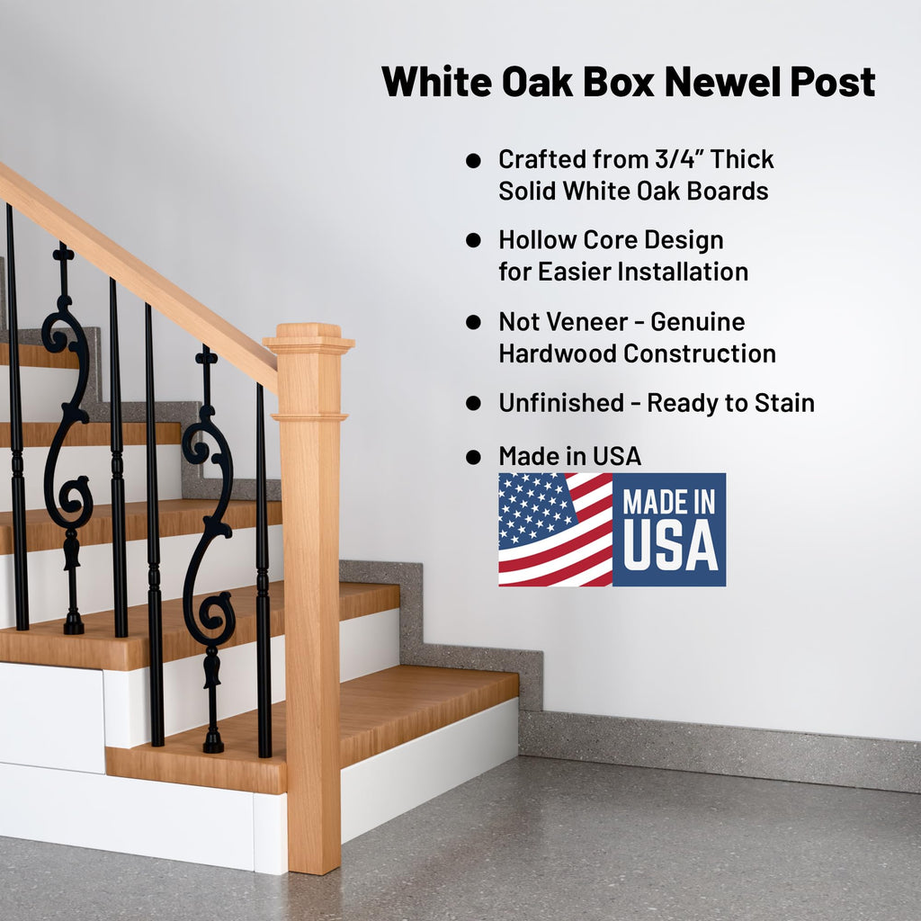 White Oak Box Newel Post 3.5" x 58", Hollow Box Newel Wood Balusters for Staircase Interior, Square Design, 3⁄4"