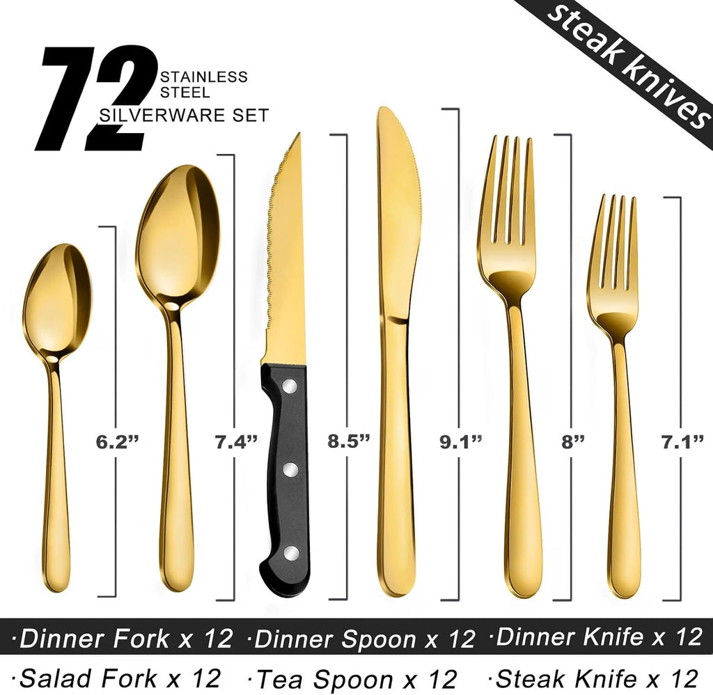 32% OFF 72P Gold Silverware Set for 12 - Stainless Steel Flatware Set with Mirror Polish, Gold Silverware Set