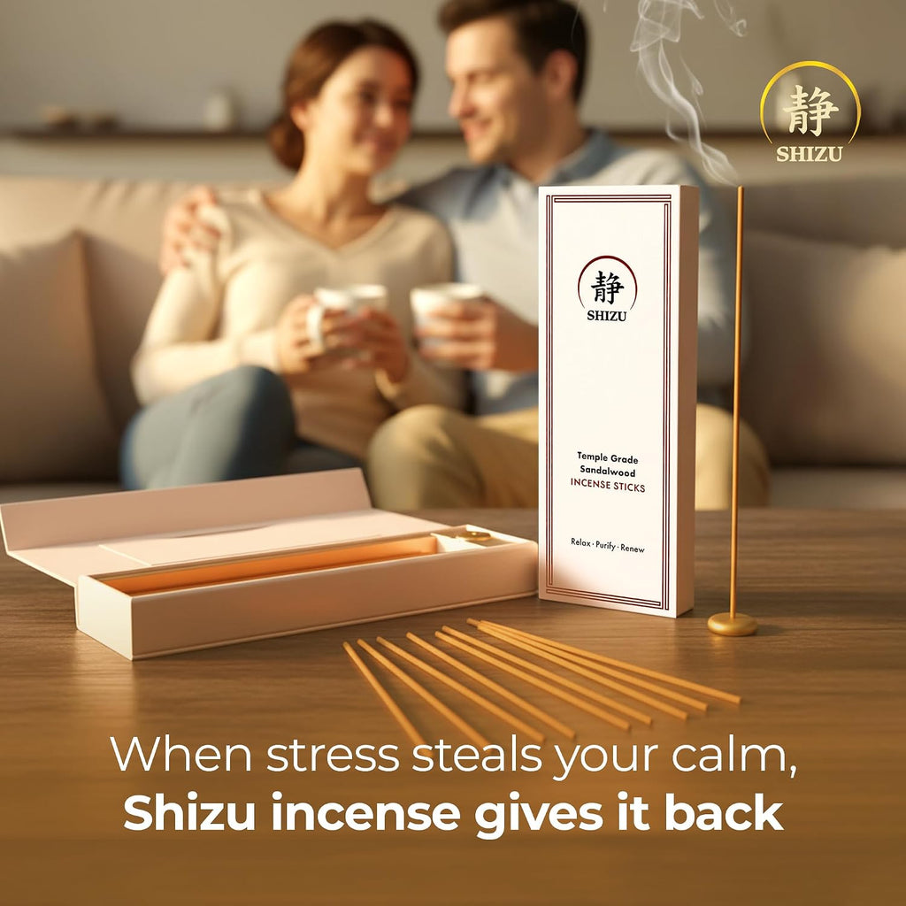 Sandalwood Incense Sticks - Artisanal Temple Grade Japanese Incense with Brass Holder - Subtle, Calming Scent - Set of 60