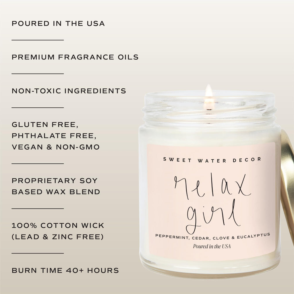 Relax Girl, Peppermint, Cedar, Clove, and Eucalyptus Scented Soy Wax Candle | 9oz Clear Jar, 40 Hour Burn Time, Non