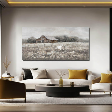 Large Country Barn Canvas Wall Art, Sheep Meadow Landscape Artwork, Rustic Farmhouse Wall Decor Dining Room, Above