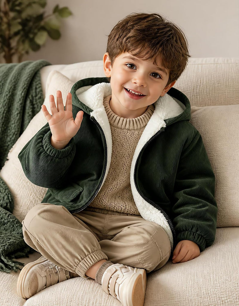 Boy Corduroy Jacket Hooded Zip-up Coat Winter Outwear