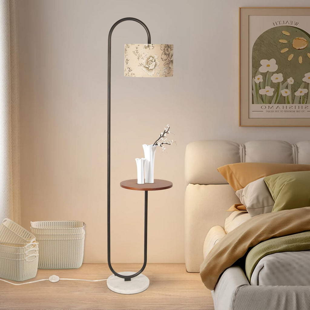 Arc Floor Lamp with Hanging Drum Shade -Marble Base Modern Tall Stand Up Light with Table, Contemporary Over The