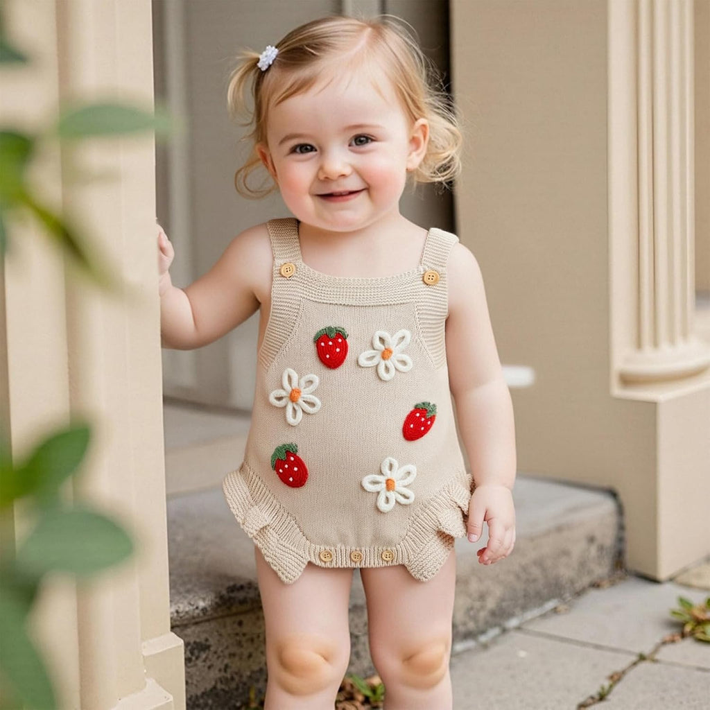 Newborn Infant Baby Girl Clothes Strawberry Embroidery Sleeveless Knit Ruffle Romper Sweater Overalls Bodysuit