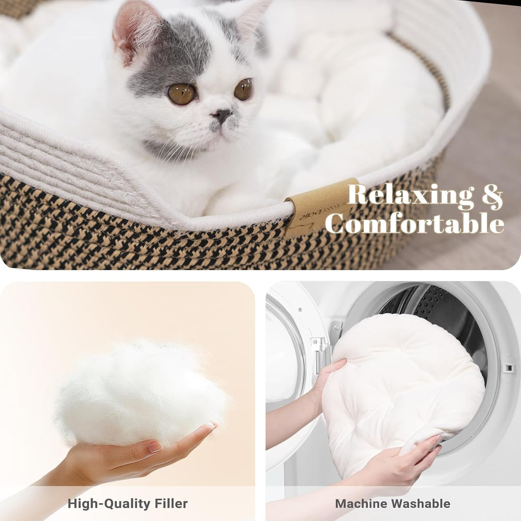 Handwoven Cat Basket Bed Cooling for Indoor Cat with Cushion