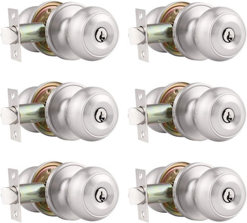 6 Pack) Satin Nickel Round Entry Door Knobs Keyed Alike, Exterior/Interior Door Handles Bedroom Bathroom/Front/Offic