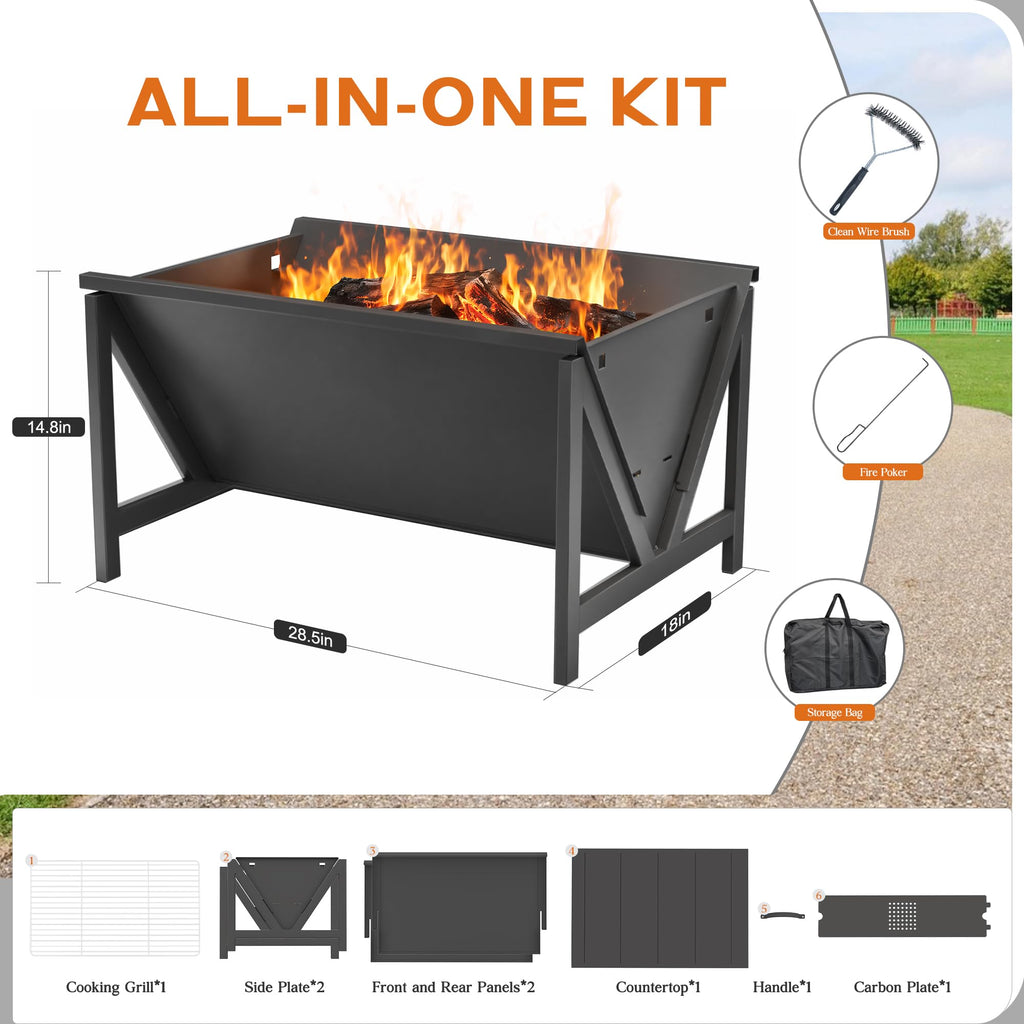 Outdoor Fire Pits with Poker, Square Wood Burning Firepit Bowl