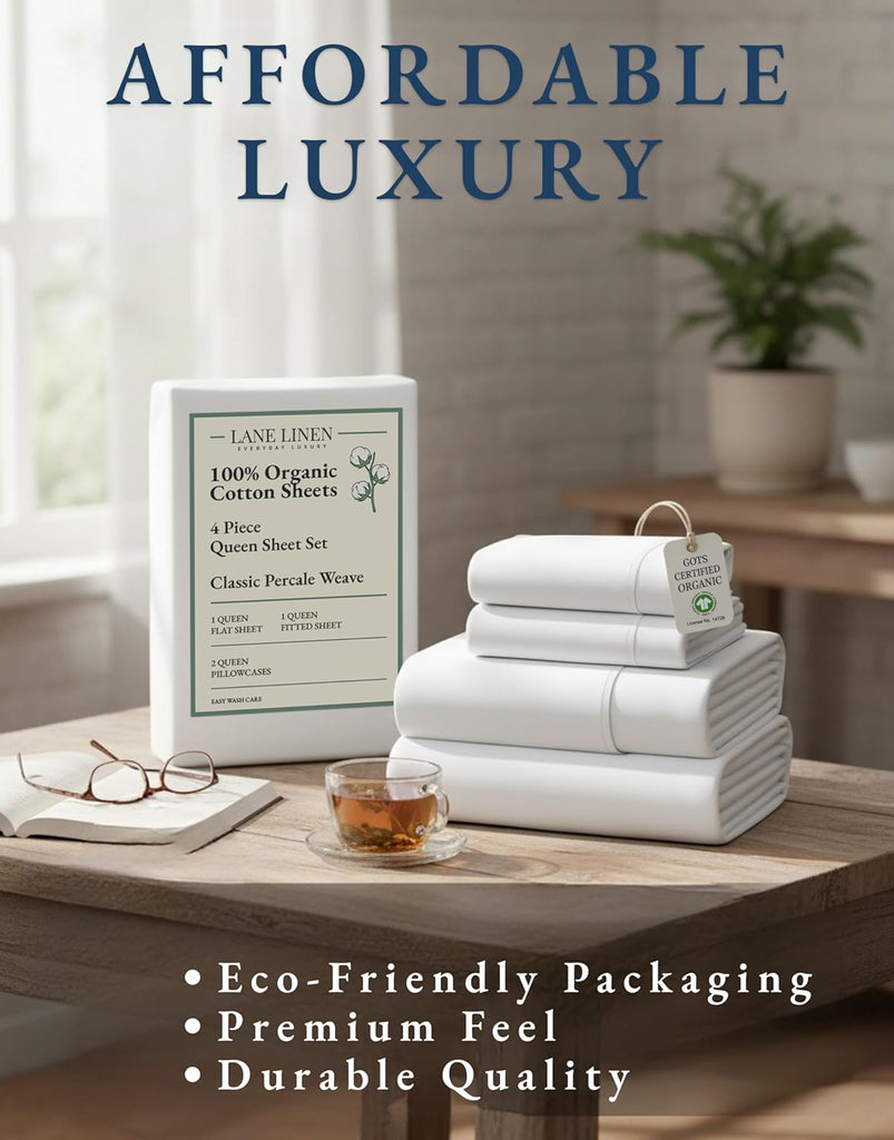 Queen Sheets 100% Organic Cotton 4pc Percale Cooling - White | Queen Sheet Set, GOTS Certified Organic Cotton Percale