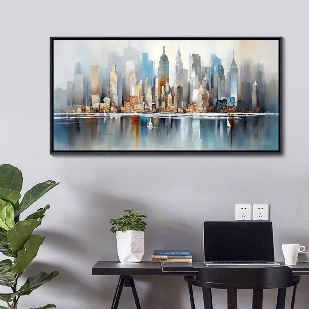 York City Skyline Abstract - Modern Manhattan City View Painting Decor - Large Framed Cityscape Wall 20"x40"