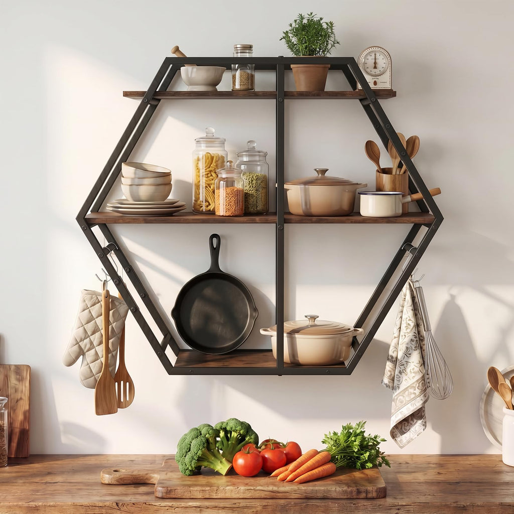 Hexagon Wall Shelf, 3-Tier Geometric Bookcase with 4 S-Shaped Hooks & Heavy Duty Metal Frame, Wall Mounted Industrial