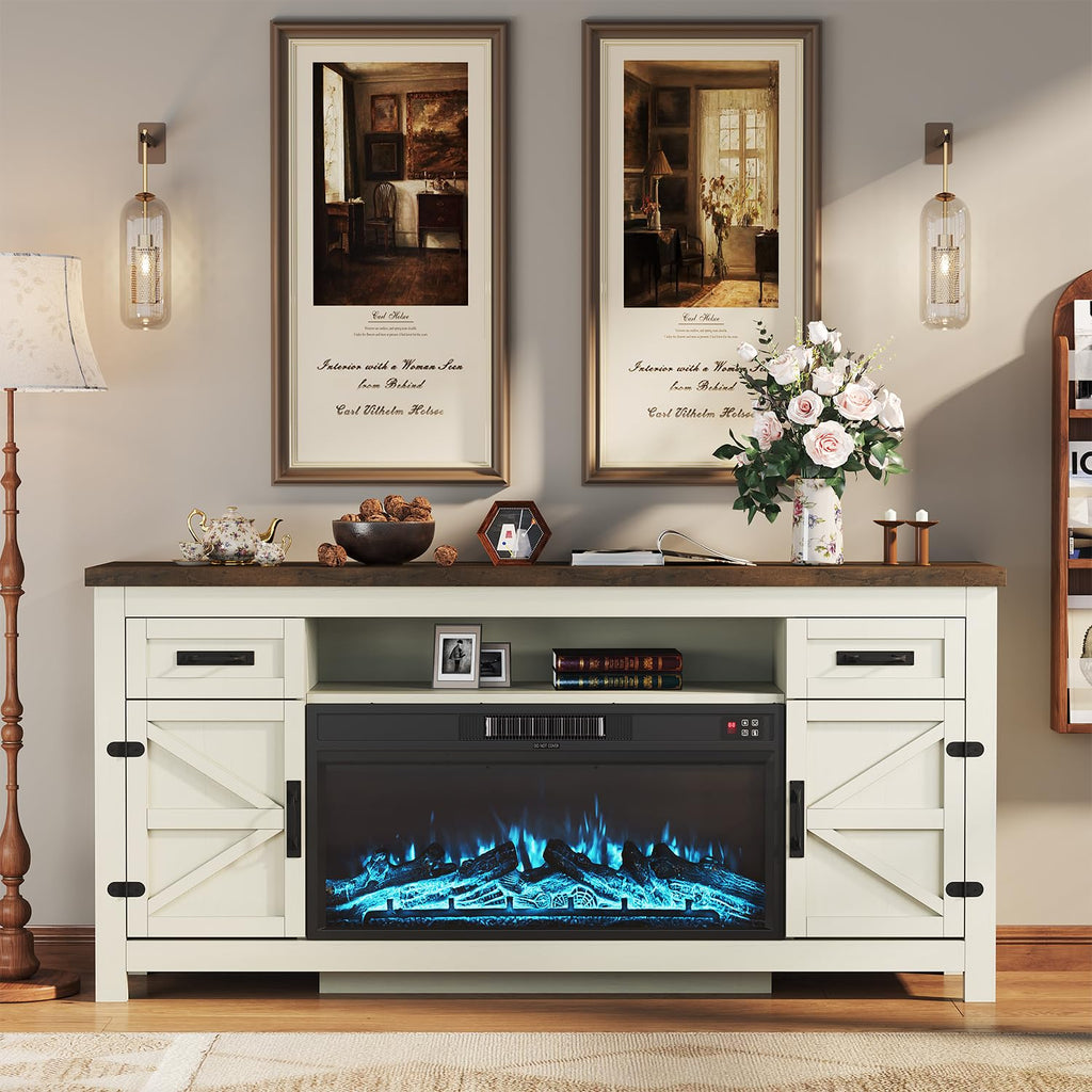 Farmhouse Fireplace TV Stand with Barn Door, 70 inch, White