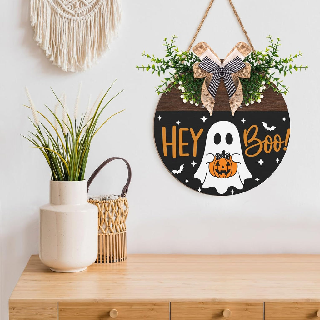 Halloween Hey Boo Door Sign Outdoor Decor Ghost Pumpkin Door Wreath Front Door Hanger Holiday Wooden Signs Outdoor