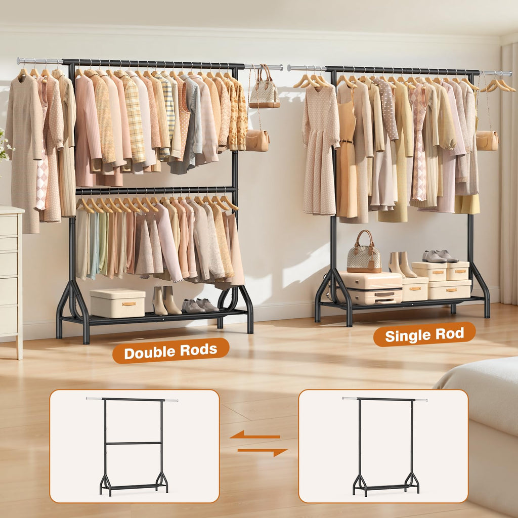 Double Rod Clothing Rack Load 622 LBS, Heavy Duty Clothes Rack for Hanging Clothes, 82.68 inch High Garment Rack with