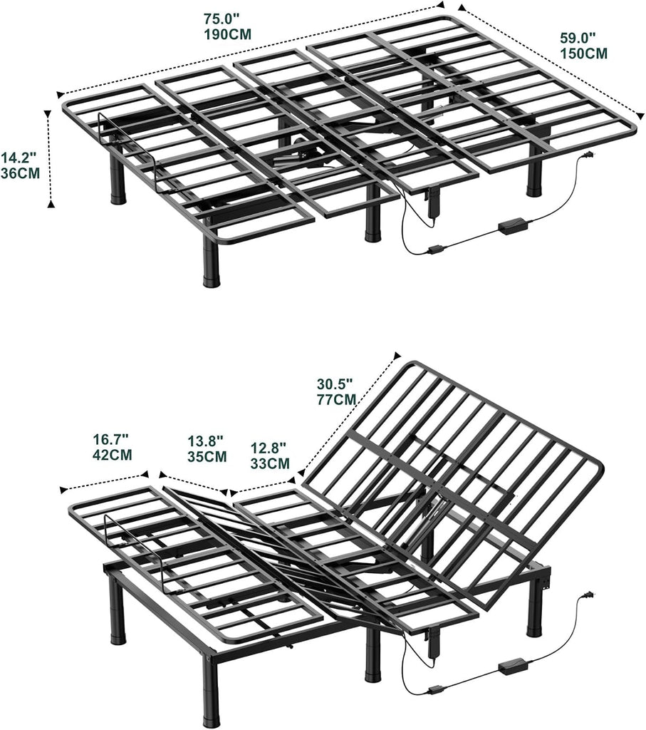 Queen Adjustable Bed Frame, Wired Remote Control, Independent Head and Foot Incline, Electric Bed Frame Base
