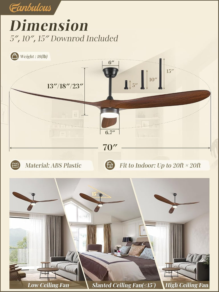 Inspired Maverick Style 70 inch Propeller Ceiling Fan With Light, Led Large Ceiling Fan with 6 Speeds, 3 ABS Wood Grain Blades Outdoor Ceiling Fans for Patios, Porch, Bedroom, 1/4/8H Timing- Deep Walnut A101-B0DJT2WV2T