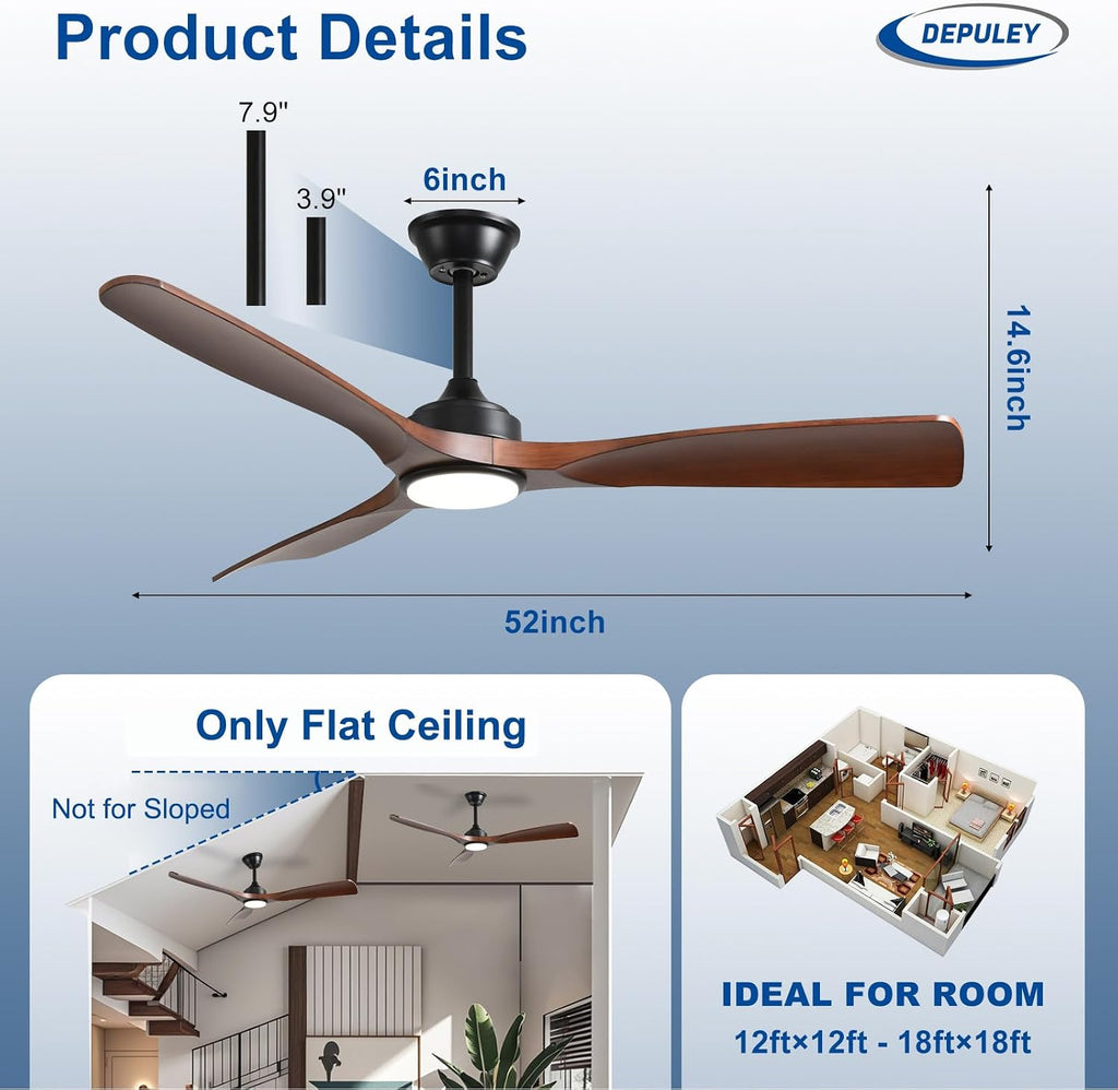 52-Inch Ceiling Fan with Light: Walnut 3 Blade Outdoor Fans for Patios - Dimmable Indoor Fan with Remote APP Control Ultra Quiet DC Motor Reversible 6 Speed Timer A101-B0DRCWK5MH