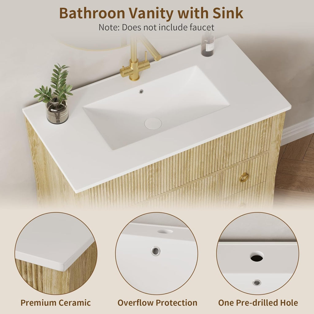 36" Freestanding Fluted Bathroom Vanity with Sink & Drain - Cabinet with 4 Drawers & Door