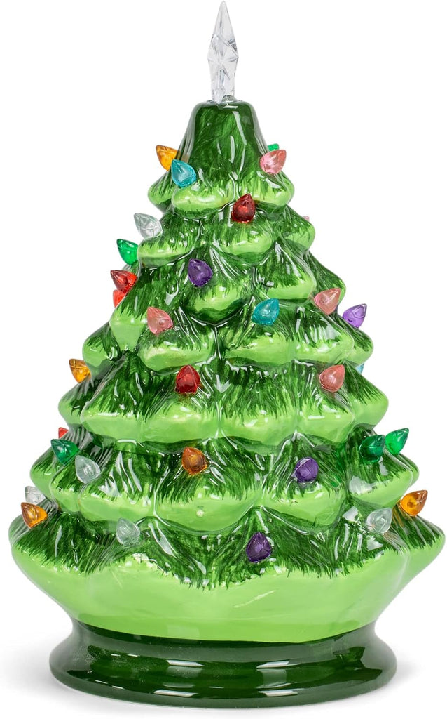 Vintage Green Lighted Ceramic Christmas Tree with Timer 8 Inch