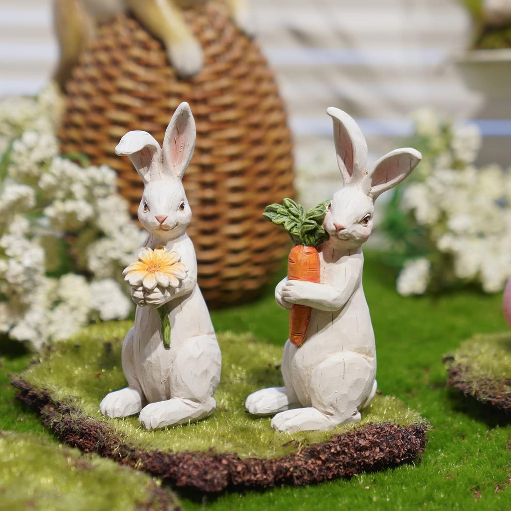 Easter-Decorations Bunny-Decor Spring-Figurines Table-Centerpiece - Spring Decorations Resin Rabbits with Carrot - Set of 2