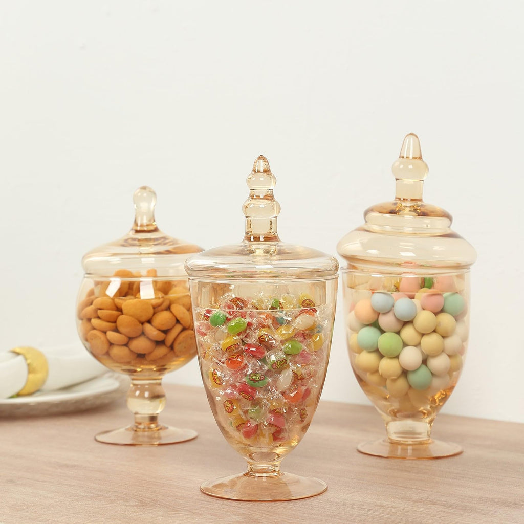 Set of 3 Amber Gold Apothecary Glass Jars with Snap On Lids, Decorative Footed Storage Jars Candy Buffet Containers
