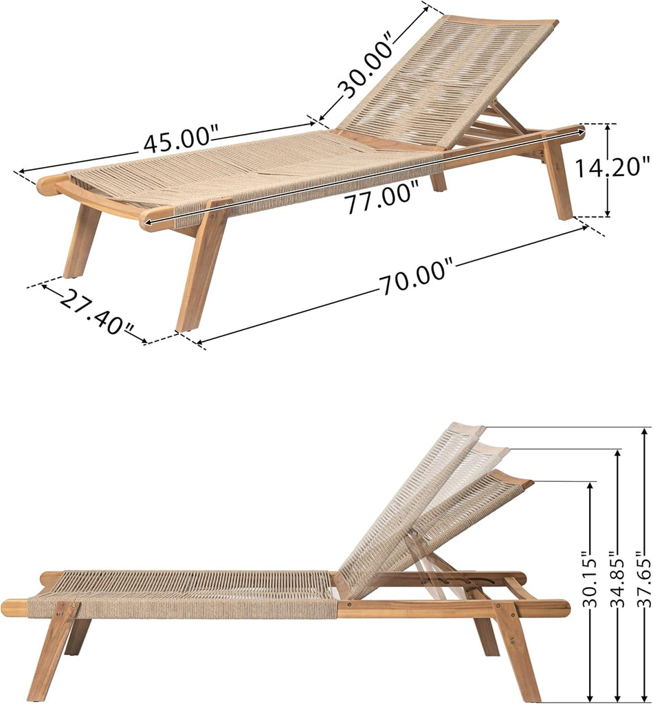 Outdoor Chaise Lounge Chair Set of 2, 77" L Acacia Wood Patio Lounge Chair with 4 Adjustable Position, Rope Woven