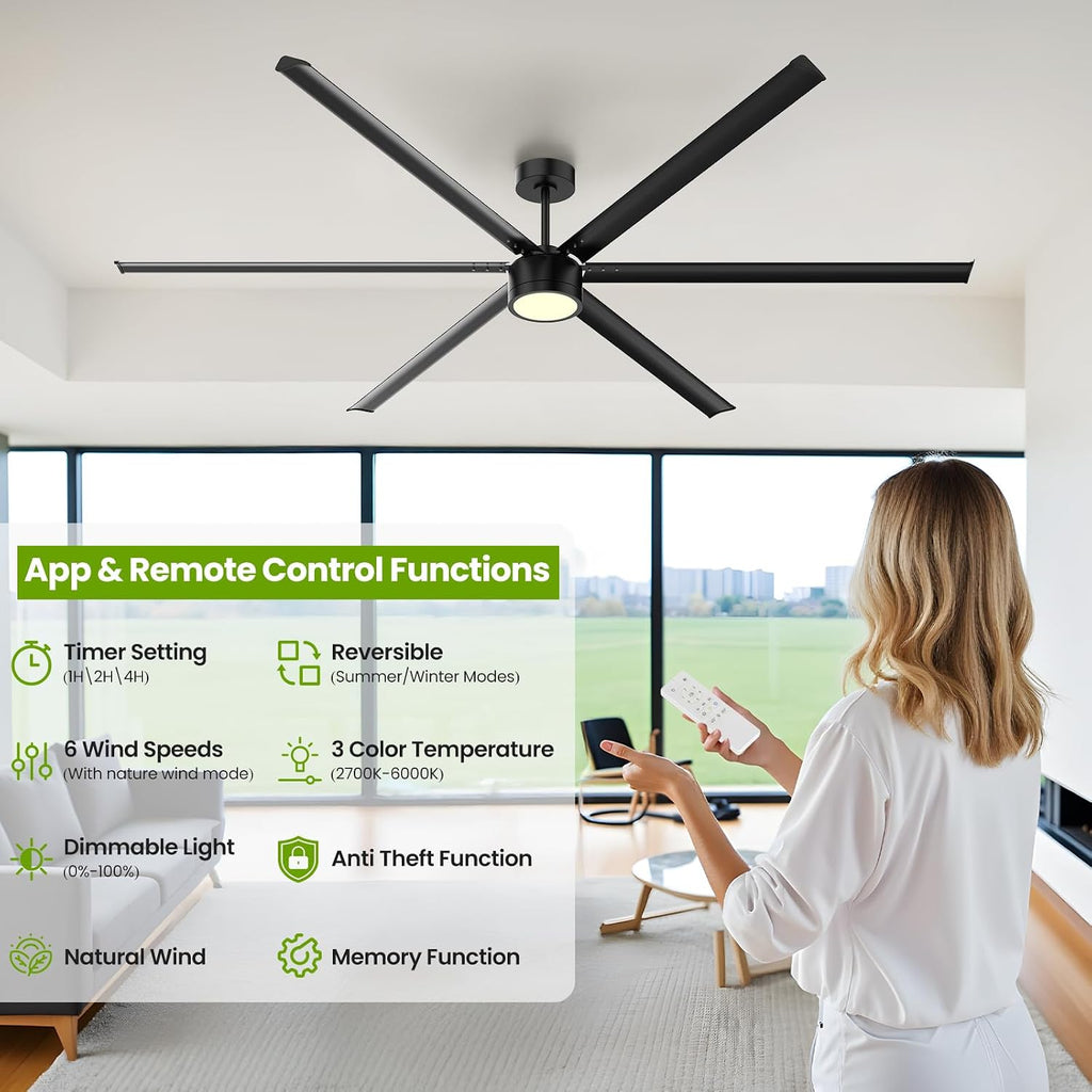 96 Inch Industrial Ceiling Fan with Light,Large Ceiling Fan with Remote and APP,6 Reverisble Aluminum Blades,6-Speed,Indoor,Outdoor Ceiling Fans for Patios/Shop/Garage/Commercial Black A101-B0FB8TGG8N