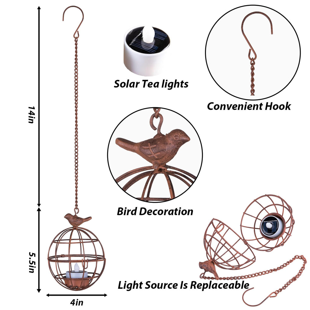 Outdoor Solar Hanging Lantern Lights, 4 Pack Rustic Ball Birdcage Hanging Candle Holder with Solar Tea Lights