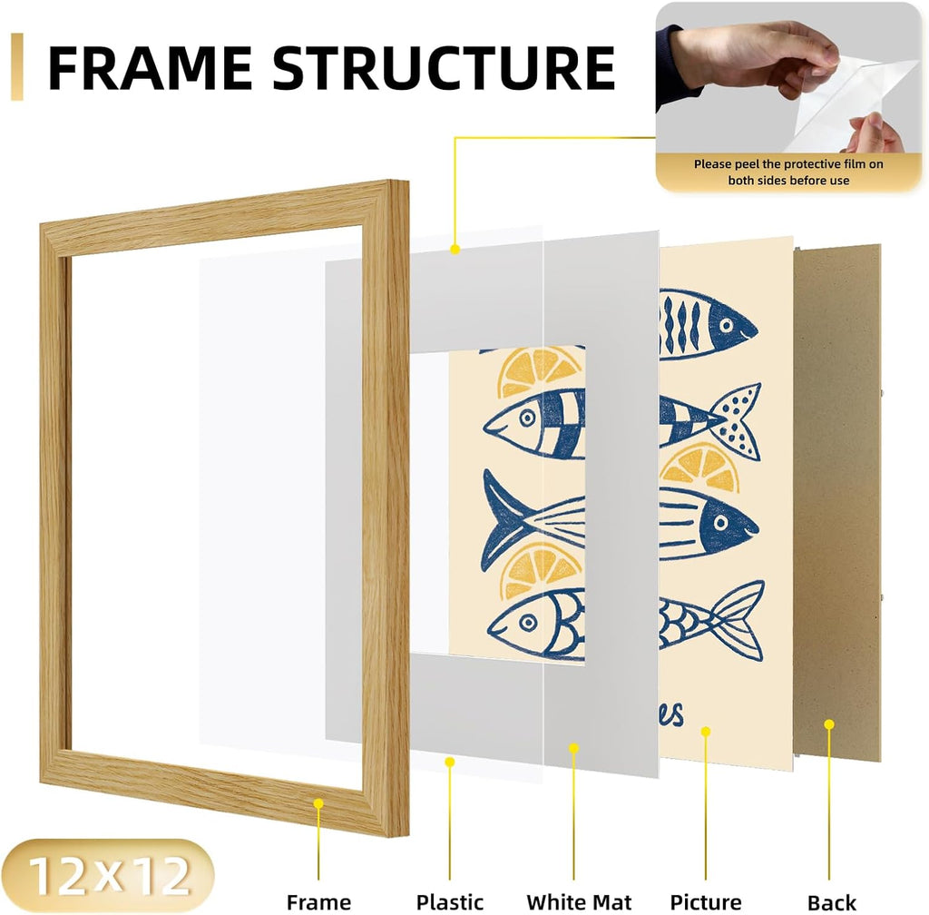 12x12 Picture Frame Set of 9, Photo Gallery Wall Frame Set, Display Pictures 8x8 with Mat or 12 x 12 Without Mat