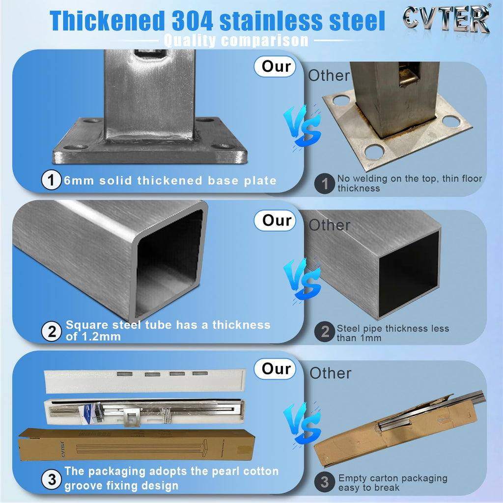 Glass Railing Post, No-Punch / 304 Stainless Steel Glass Railing Spigot with Slots & Base, Heavy-Duty Clamp Bracket