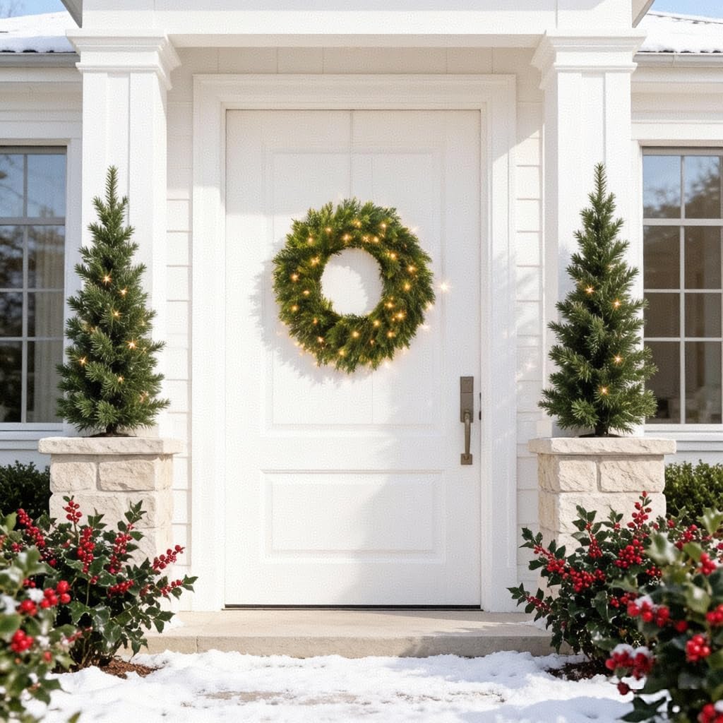 30 Inch Real Touch Lighted Christmas Cedar Wreath for Front Door | Artificial Greenery Foldable Wreath with Lights
