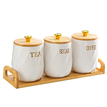 Ceramic Canister Set of 3 for Sugar Coffee Tea with Tray, White Airtight Food Storage Jars with Wood Lids, Kitchen