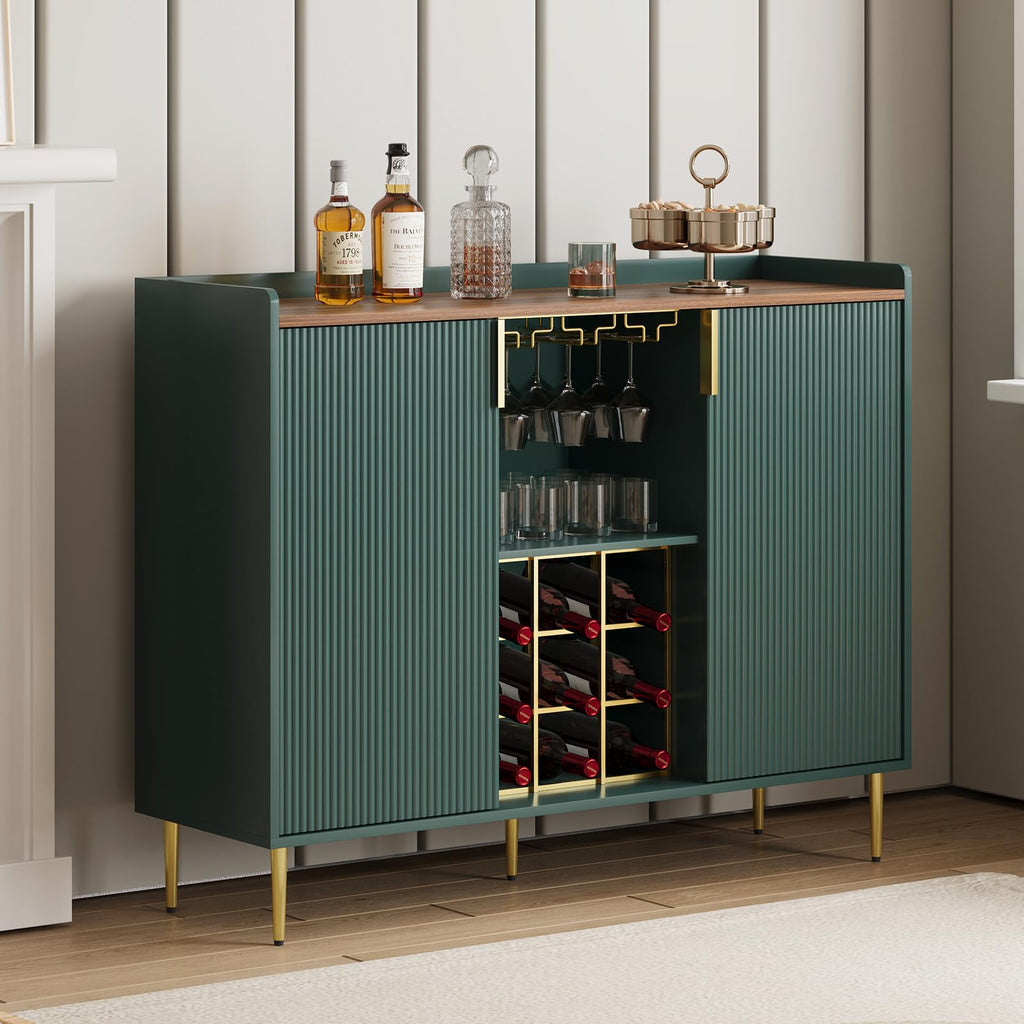 48" Wine Bar Cabinet with Fluted Texture, Buffet Sideboard, Green