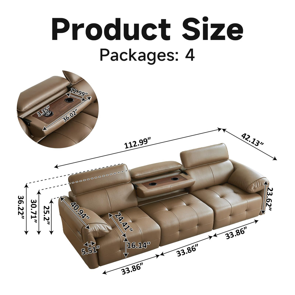 Electric Pull Out Couch With Adjustable Headrests, Genuine Leather Power Recliner Sofa with Extendable Footrest