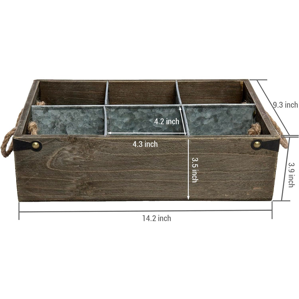 Rustic Solid Wood and Galvanized Multipurpose Organizer Caddy with 6 Metal Partition Divided Slots and Rope Handles