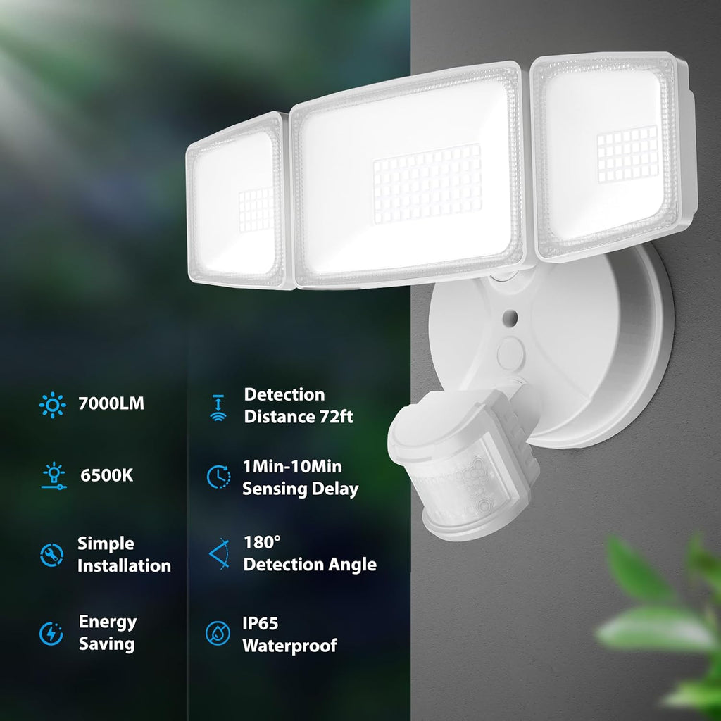 75W LED Flood Light Motion Sensor Outdoor, 7000lm Dusk to Dawn Flood Light, Security Light with Three Head, IP65