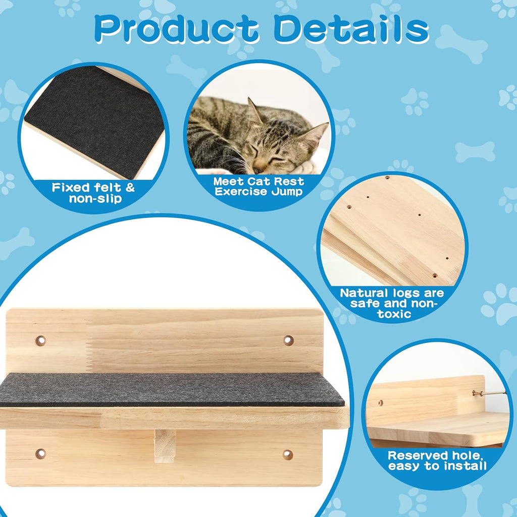 6 Set Cat Wall Shelves, Wood Cat Climbing Step, Wall Mounted, Classic