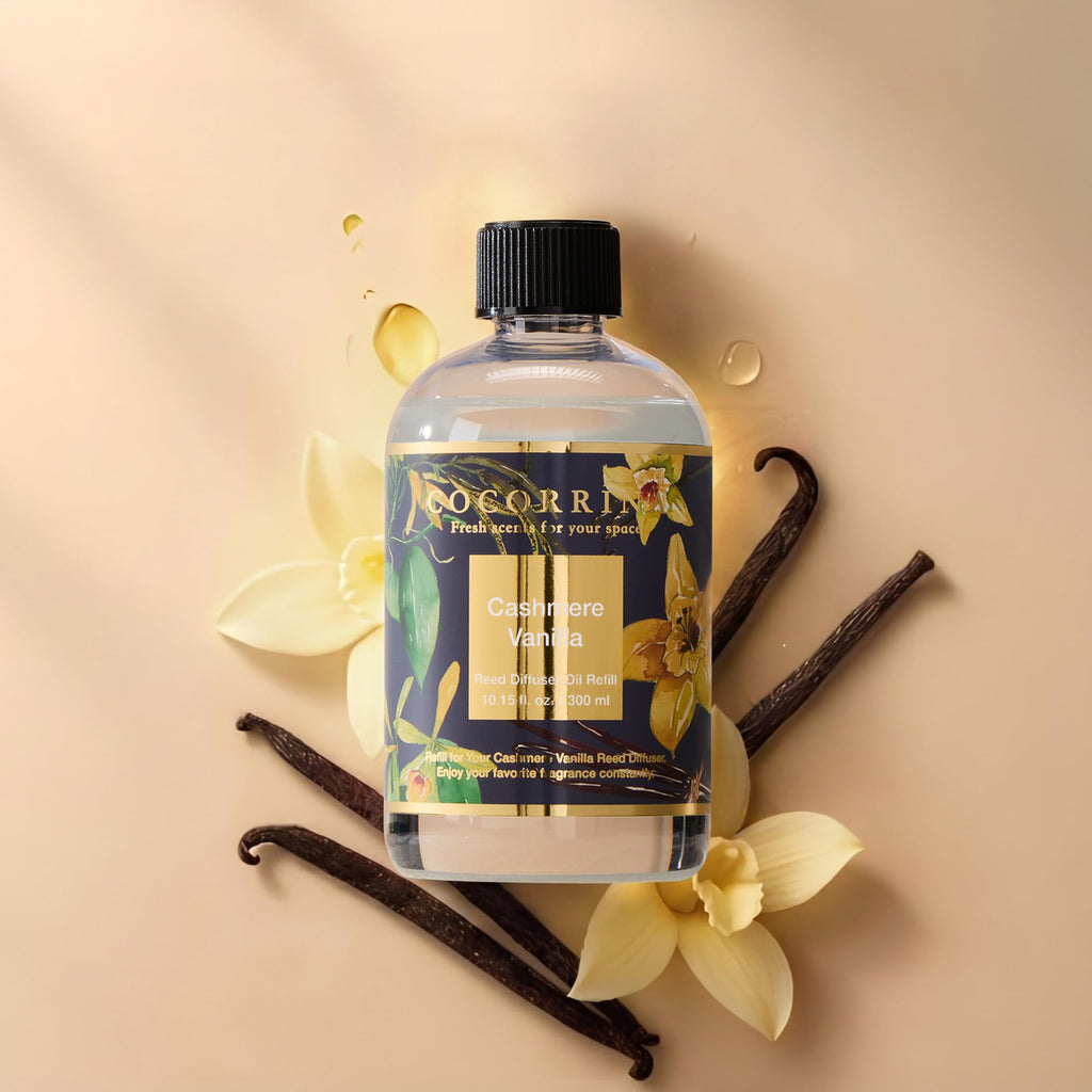 Reed Diffuser Refill Cashmere Vanilla 10.15oz (300ml) with 8 Sticks - Premium Long-Lasting Scented Oil Home Fragrance