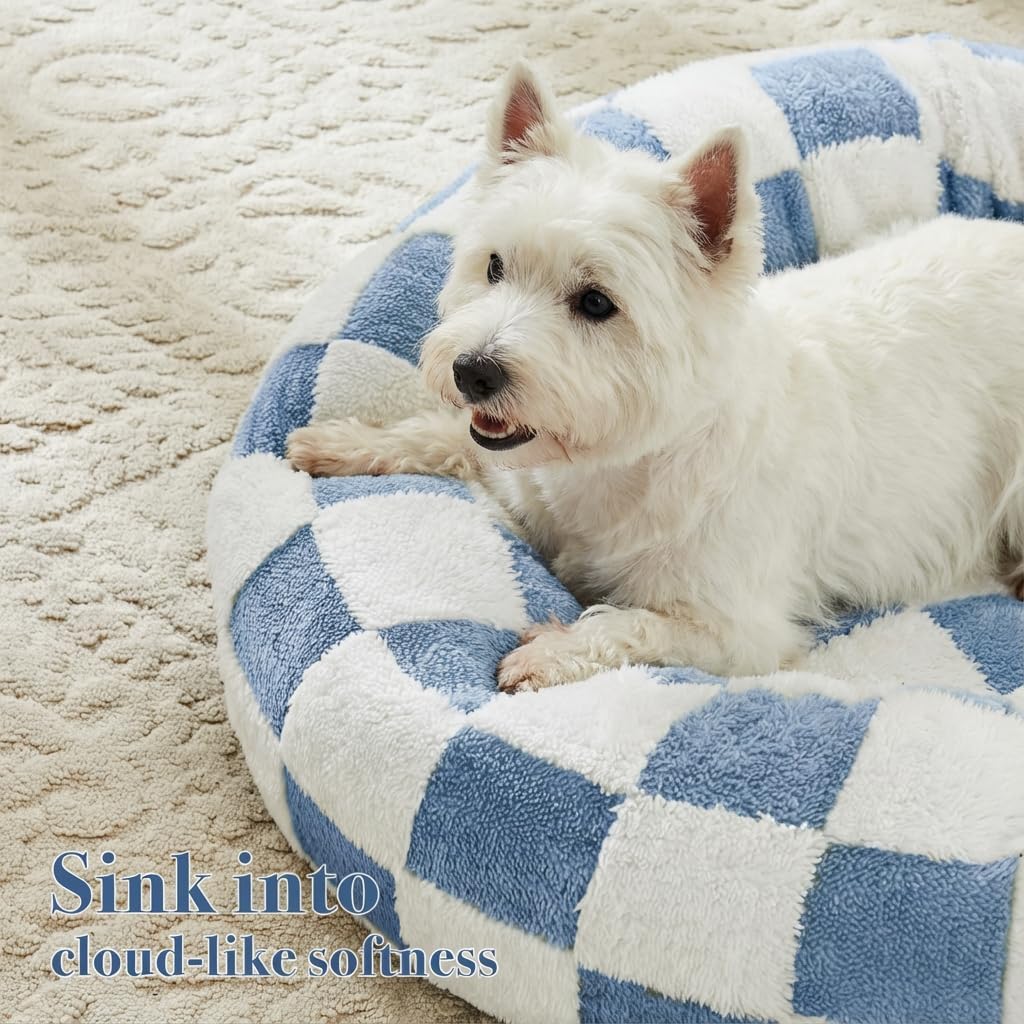 Checkered Dog Bed, Cute Blue Retro Style Aesthetic Round Warming Pet Calming Beds for Small Dog and Cats, Plush Cozy