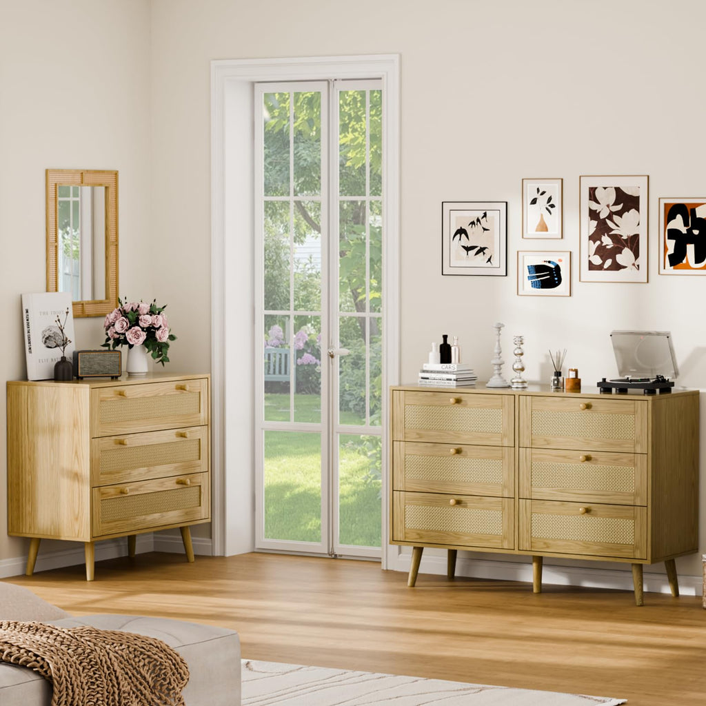6 Drawer Dresser, Rattan Chest of Drawers, Oak