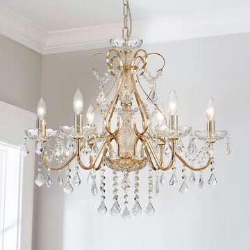 6 Light Crystal Chandelier Light Fixture Modern Chandelier Crystal Lighting, French Gold Crystal Raindrop Chandelier for Dining Room,Bedroom,Living Room, H23 x D24