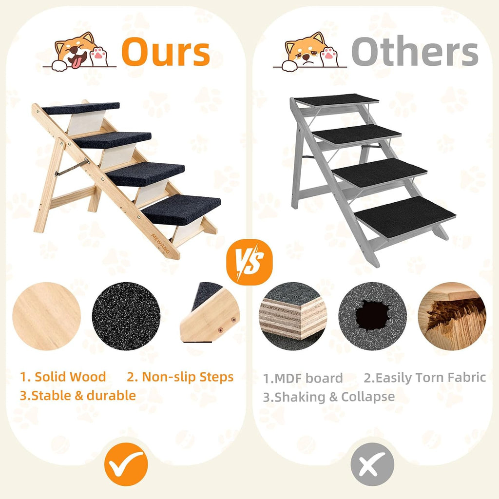 Wood Pet Stairs, 4-Step Dog Stairs for Beds, Couches & Cars, 25" H