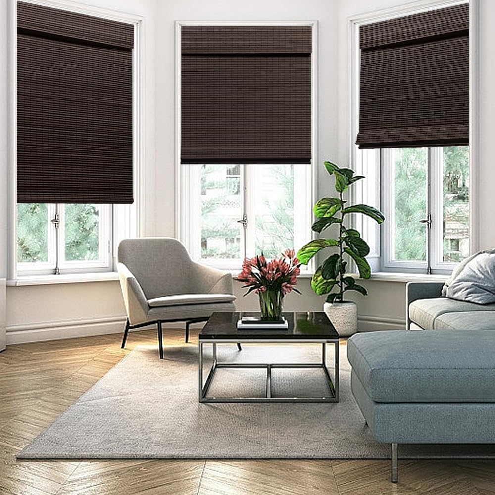 Cordless Bamboo Roman Shades, Blackout Natural Bamboo Blinds for Indoor Windows, Roll Up Blind Privacy Shade for Home