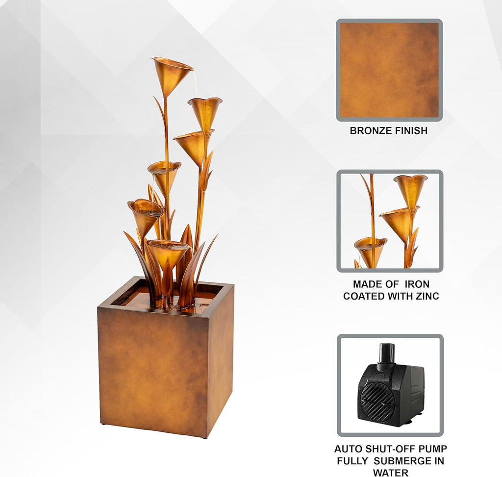 46" Tall Bronze Metal Sculptural Flower Multi-Tier Freestanding Water Fountain for Indoor & Outdoor Use