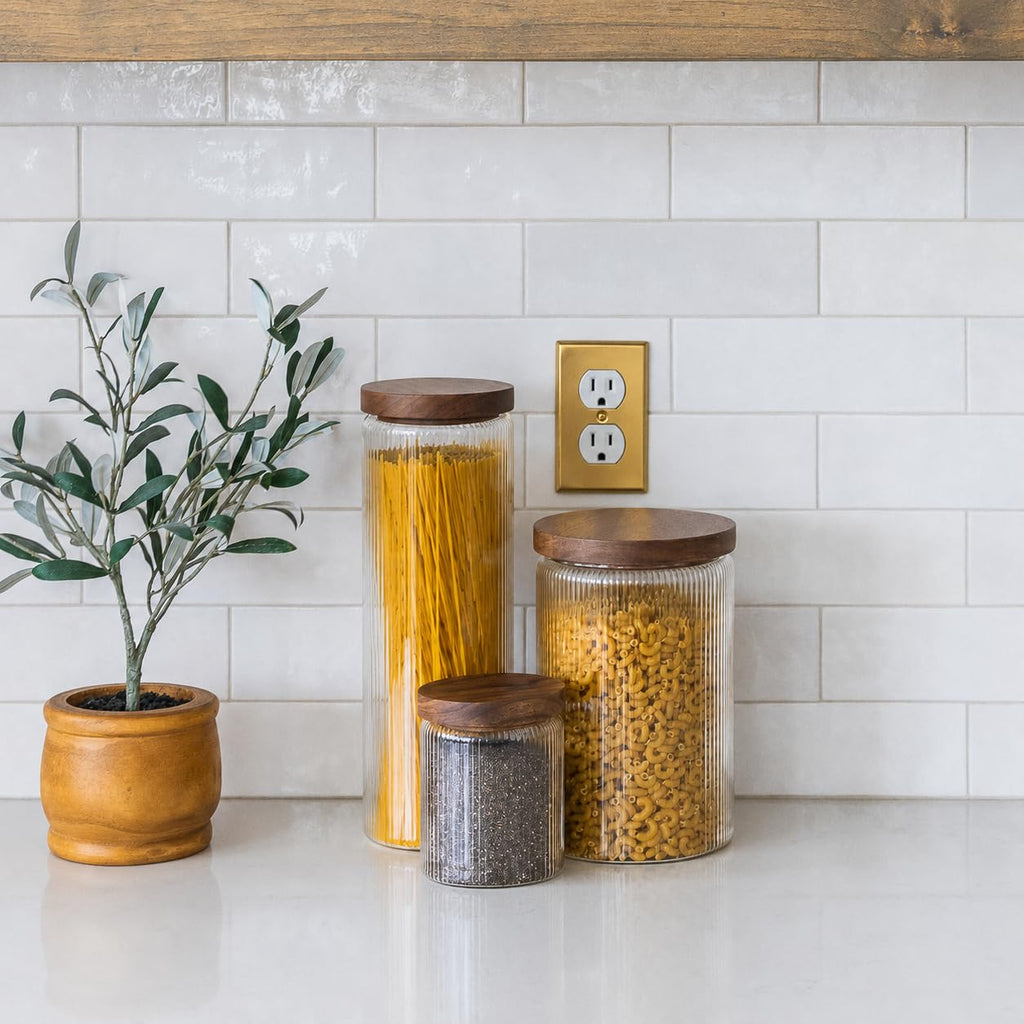 Ribbed Glass Jar with Wooden Lid 17oz, Set of 3 | Airtight Fluted Storage Canisters for Food, Tea, Coffee