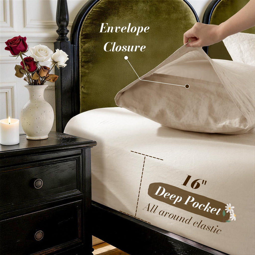 100% French Pure Linen Queen Sheets, Breathable and Durable Linen Bed Sheets, Anti-Tear, Machine Washable, 16 Inch