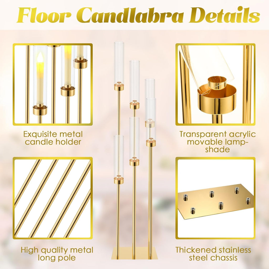 Tessco 4 Pcs 6 Arm Wedding Gold Candelabra Table Centerpiece 46.5" Floor Candle Holder Metal Tall Candlestick Acrylic