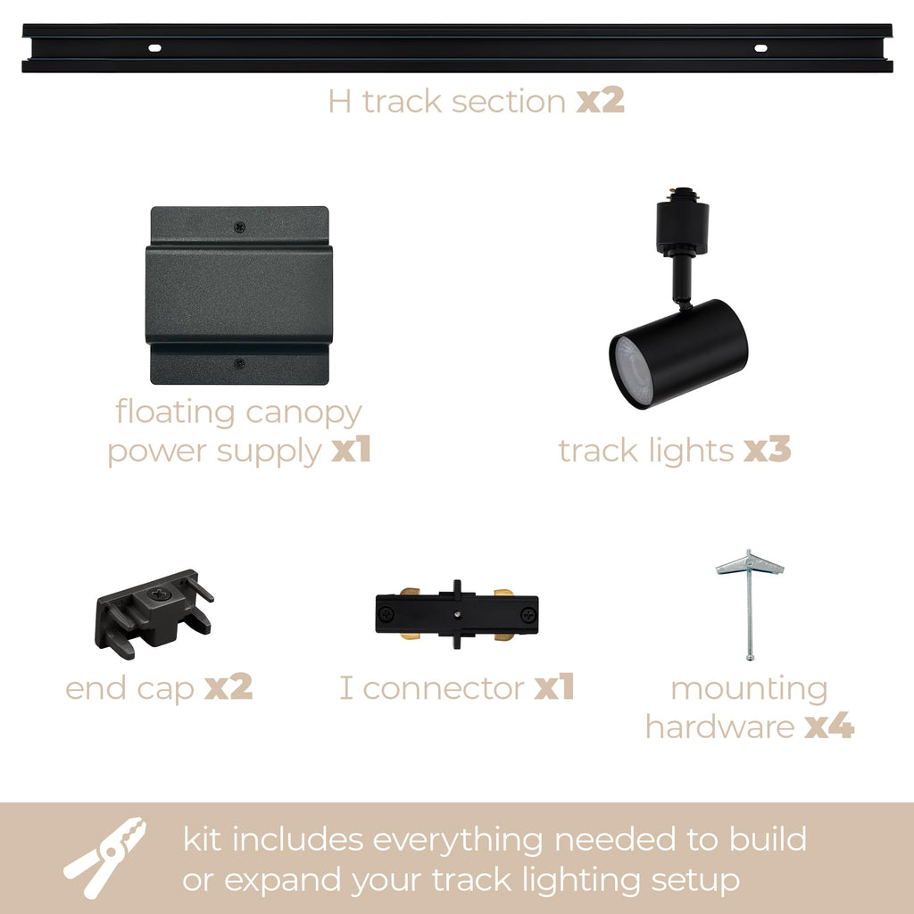 Amped Collection 3-Light 48in Field Cuttable LED Track Lighting Kit with 3 LED 3000K Warm White Track Heads, 4ft