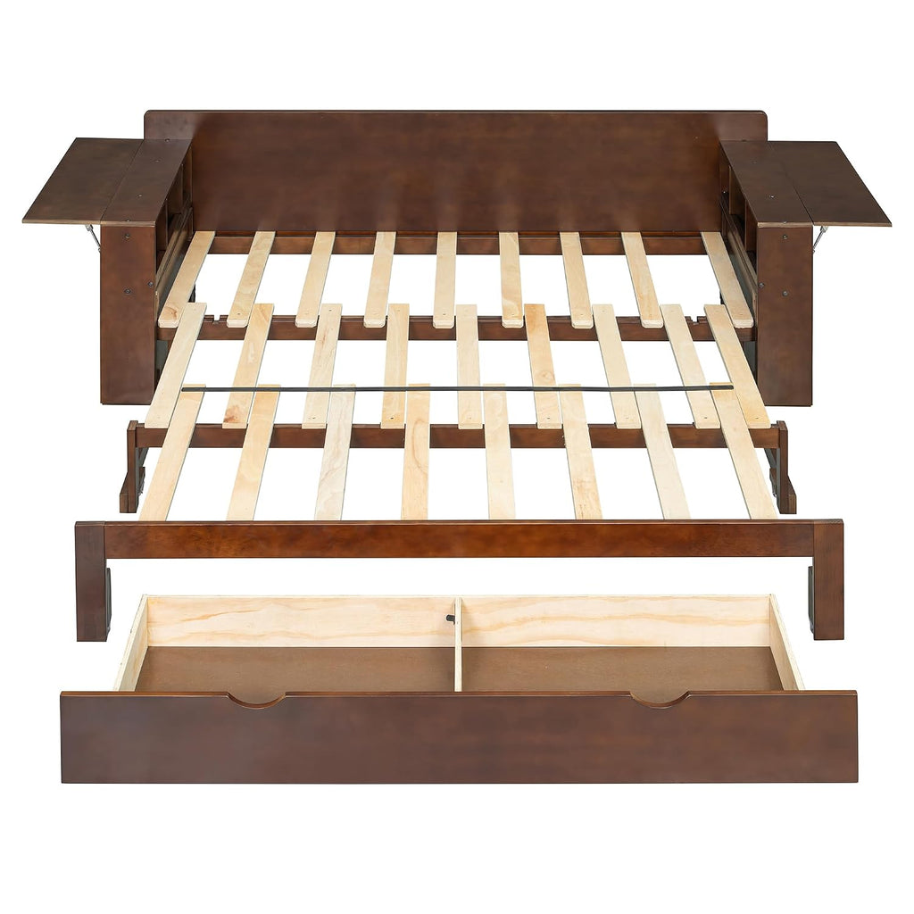 Queen Size Daybed with Pop Up Trundle and 2 Storage Drawers, Wooden Queen Day Bed Frame with Removable Desk