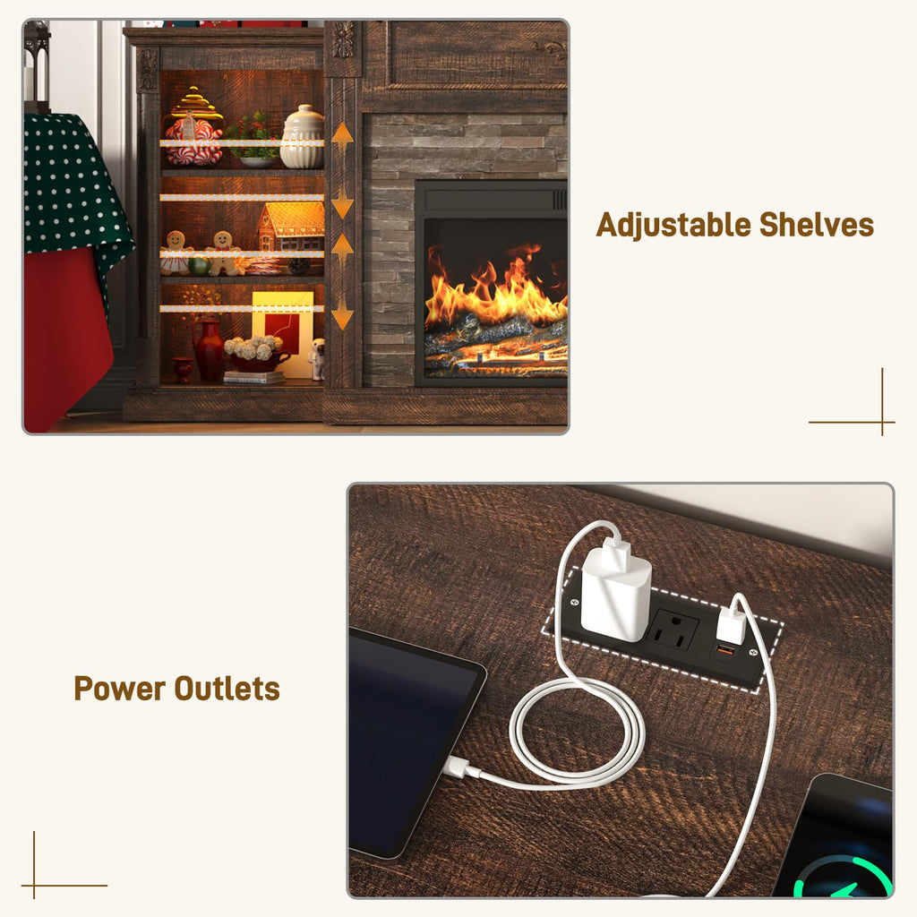 85" Electric Fireplace with Mantel, Rustic Brown