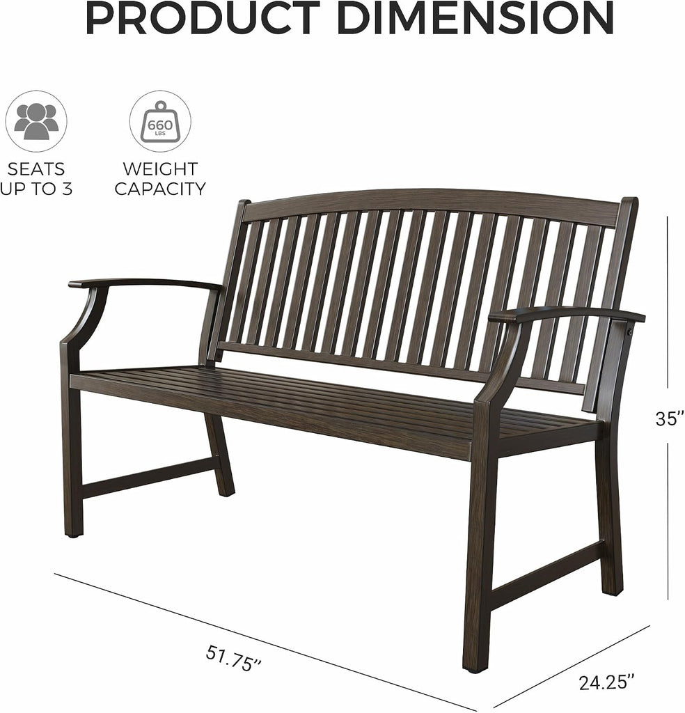 52" Farmhouse Outdoor Bench, Garden Benches with Anti-Rust Aluminum Powder Coated Frame, Faux Wood Grain Finish Frame